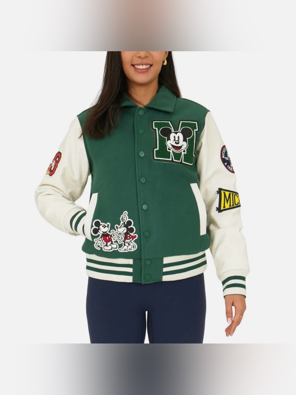 Disney Varsity Letterman Bomber Jacket, Mickey Mouse, Green/White, Sz L, NWT